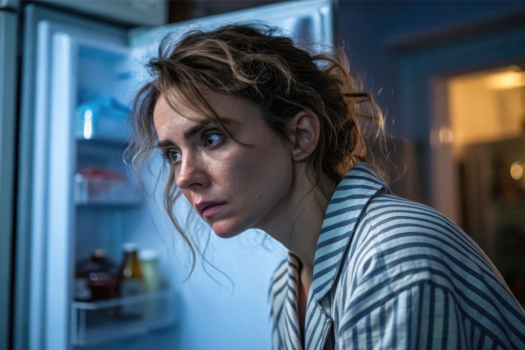 Woman in pyjamas listening for fridge noises.
